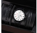 Men's fashion quartz watch with white dial, black leather strap, and beaded bracelets set - White Dial Black Leather