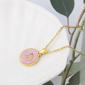 Gold stainless steel oval necklace with pink shell inlay featuring letter D pendant - Pink-D