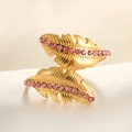 Adjustable gold feather ring with micro-paved pink zircon on white silk background - Adjustable Open / 18K Gold Plated Feather Pink Zircon