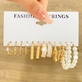 Gold 6 Pairs Set (Pearl/White Enamel/Geometric)(HS739-25)