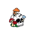 Detailed enamel pin featuring a white skull with colorful mushrooms and black metal outlines - Mushroom Skull