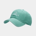 Close-up of white A LOS ANGELES embroidery on mint green washed cotton baseball cap - Adjustable / Teal