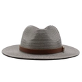Detail of grey fedora straw hat featuring a brown leather band with silver buckle detail - M(56-58cm) / Gray