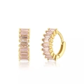 Detail of golden huggie hoop earrings featuring rectangular pink cubic zirconia stones - Gold with Hot Pink Baguette Zircon Hoop