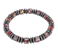Elastic yoga bracelet featuring patterned cylindrical beads and black hematite discs - Red Double Clip Piece