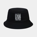 Détail du chapeau bob noir avec slogan blanc imprimé et texture en coton de haute qualité - I FIX STUFF (16# Noir)