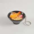 Miniature PVC Tempura Ramen keychain with shrimp and egg in a striped bowl - Tempura Shrimp and Bamboo Shoot Noodles - With Keychain