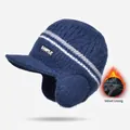 Winter knit baseball cap with ear flaps and warm fleece lining in navy blue - Fleece-lined Ear Protection Knit Hat / Navy Blue