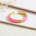 Detail of pink enamel open ring in 18K gold plated copper with micro zircon inlay - Adjustable Open / Pink