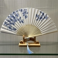 Elegant Chinese folding fan with blue floral pattern on white silk and blue tassel - Blue and White Butterfly Dance (Heat Transfer)