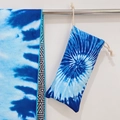 Blue tie-dye microfiber beach towel with geometric border and matching drawstring bag - Two-tone Tie-dye (Double-sided Print with Cloth Bag)
