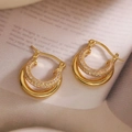 Elegantes pendientes geométricos bañados en oro de 18K con circonitas para mujer - Estilo de circón geométrico de doble capa / Dorado