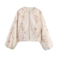 Giacca da donna bianco crema con ricami floreali, zip e maniche a lanterna - S / Bianco latte