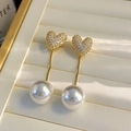 Elegant gold drop earrings featuring heart-shaped crystals and large white pearls - E6213 Silver Pin-Gold