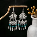 Bohemian retro silver drop earrings with turquoise beads and leaf pendants - Retro Silver + Sky Blue Beads + Hollow Leaf (E2833-2/Blue)