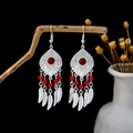 Ethnic style long feather tassel earrings in silver finish with bright red beads - E3469-2/Red
