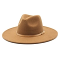 Detail of classic brown wool fedora hat with wide brim and gold metal buckle band - M (56-58cm) / Light Coffee