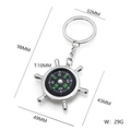 Ship steering wheel compass keychain in silver metal finish with dimension details - Ship's Rudder Compass