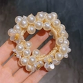 Braided pearl hair tie featuring frosted white flowers and gold center detailing - Flower Large Pearl Scrunchie