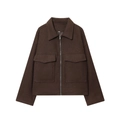 Women's French retro brown wool blend short jacket with zipper and large flap pockets - S / Coffee