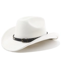 Close-up of white felt cowboy hat featuring black faux leather belt with metal buckle - M (56-58cm) / Cream