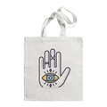 White canvas tote bag featuring a purple Hamsa hand and blue Evil Eye graphic - Purple Hamsa V