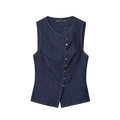 Gilet in denim blu scuro da donna con scollo rotondo e abbottonatura singola, vista piatta - XS / Solo Top