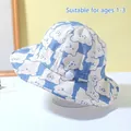 Cute blue checkered baby sun hat with cartoon bear embroidery for kids aged 1-3 years - 8 Months-3 Years (46-50cm) / 25 Sky Blue (Bear Print)