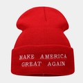 Detailed knit texture and white embroidery on a red Make America Great Again beanie hat - Red