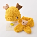 Plush yellow kids' winter beanie and scarf set with cute 3D bear decorations - Three Bears Hat & Scarf Set - Yellow