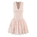 Pink floral sleeveless summer dress with V-neck, cinched waist and tiered skirt - S / Pink