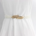 Ceinture élastique pour femme avec perles blanches et boucle dorée en forme de feuille - Boucle Double Feuille