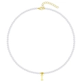 Elegant gold letter I pendant on a classic white pearl necklace with adjustable chain - Letter I