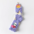 Cute purple coral fleece crew sock with beige bow and sweet cartoon house tag - One Size / Purple Mushroom