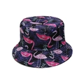 Detail view of purple bucket hat with pink flamingo and blue tropical leaf prints - M(56-58cm) / Dark Purple Flamingo Print (O)