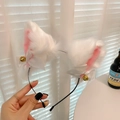 White plush cat ear headband with pink details, white bows and golden bells - White Cat Ears Bell Headband / White