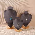 Three-piece dark grey velvet necklace display set with solid wood base in graduated sizes - Combination Set / Gray