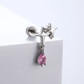 Silver double star ear stud with pink teardrop crystal and screw back for piercing - Double Star Water Drop Style-Pink Zirconia (A79-5#)
