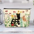 Detail der schwarzen Katze und Blumendruck auf Canvas-Kosmetiktasche mit Reißverschluss - Schwarze Katze Kunst Illustration (jiayingljb23)