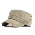 Vintage khaki washed cotton flat top military cap with metal eyelets and a NEW badge - Adjustable / Khaki
