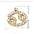 Macro view of gold-plated Cancer zodiac pendant with cubic zirconia and dimensions - Cancer / Gold