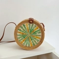 Round woven rattan shoulder bag with yellow and green shell inlay geometric pattern - Colorful Bamboo