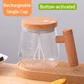 400ml electric self-stirring glass coffee mug with wood grain handle and USB charging - Clear White (Button Charging Model)