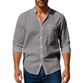Detailed macro view of the linen blend fabric texture and mandarin collar on grey shirt - Dark Gray