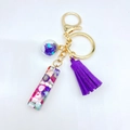 Purple resin alphabet keychain with gold ring and matching purple leather tassel charm - Letter I