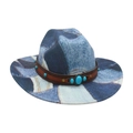 Cappello stile western patchwork in denim con fascia in pelle marrone e pietre turchesi - Taglia unica / Blu Chiaro (M Cowboy Cintura in Pelle Tre Tesori)