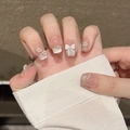 Uñas postizas degradadas rosas con lazos 3D, perlas y diseño de manicura francesa - Extra Pequeño (XS) / 2226-Estilo Trapezoide Extra Corto