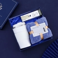 Business gift set with white matte coffee mug, hand cream, and purple towel in blue box - [Sapphire Blue] Cup + Hand Cream + Towel