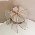 Élastique à cheveux rose avec nœud en tulle transparent et pois dorés sur support - Boucle rose avec ruban rose