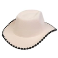 Close-up of cream wool felt cowboy hat featuring unique black scalloped wave edge trim - M (56-58cm) / Beige